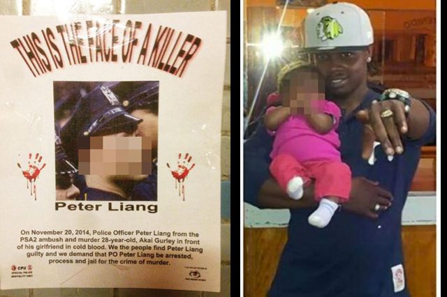 A photo of a poster hung in East New York's Pink Houses, where Gurley was shot and killed, which incorrectly identifies an officer as Peter Liang (via News); Akai Gurley